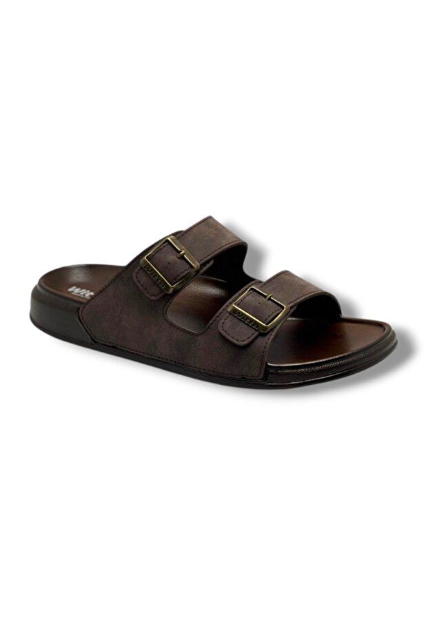 54201-26 Leather Double Band Large Size Anatomical Men's Slippers 45-47