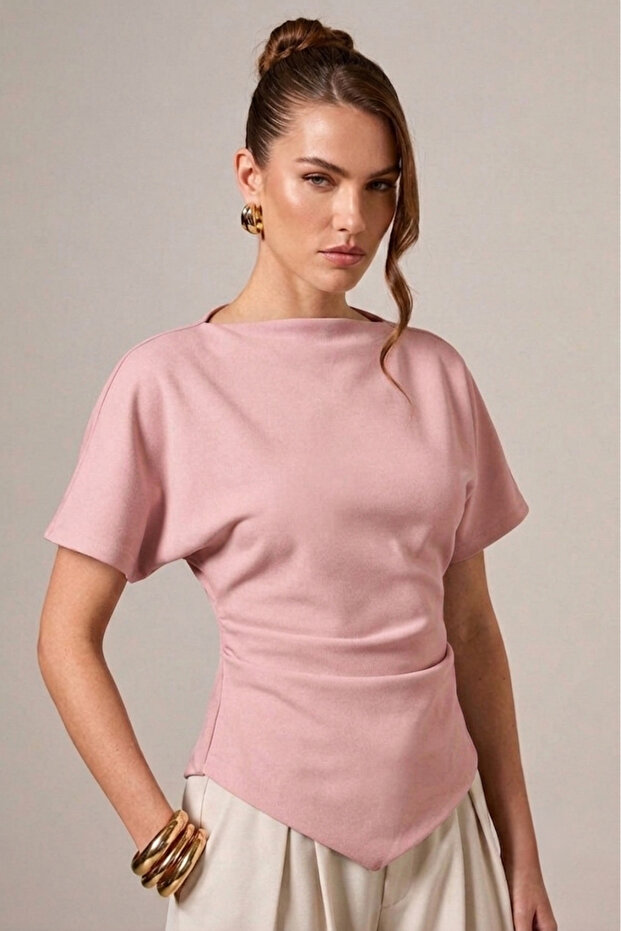 Women's Woven Fabric Boat Neck Asymmetrical Cut Waist Fitted Stylish Office Blouse