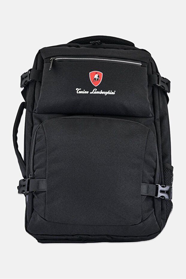 Men Brand Logo Backpack With USB Charging, Black