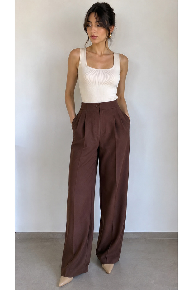 Women's Crepe Front-Washed Fabric Pleated Wide-Leg Trousers