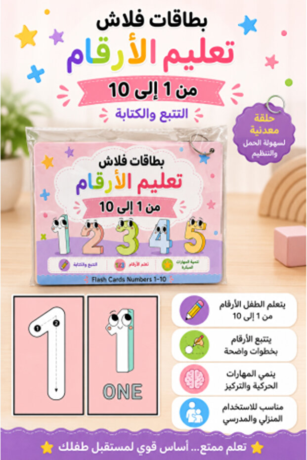 بطاقات تعليمية لتعلم الأرقام من 1 إلى 10 وتعليم الخط والكتابة مقاس 18*13 سم مغلفة حراري