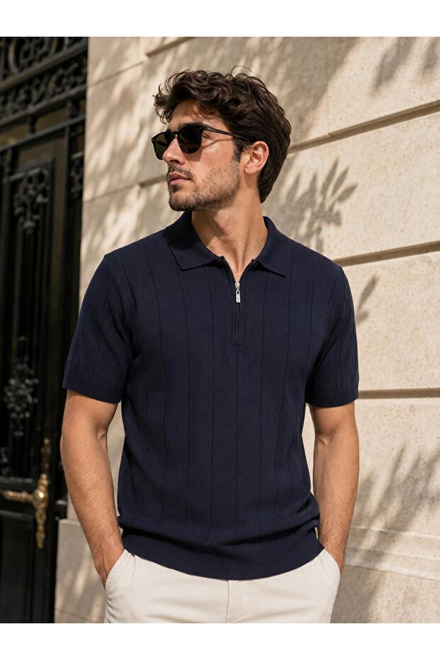Men's Stylish Polo Collar T-Shirt with Zipper, Comfortable Cut
