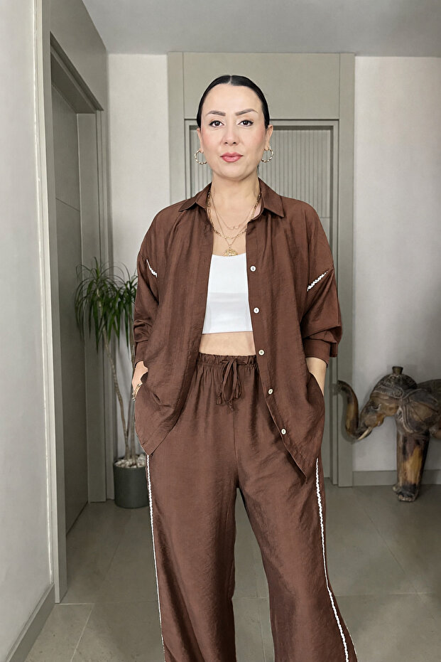 Comfortable Fit Shirt and Pants Set with Side Stripe Embroidery
