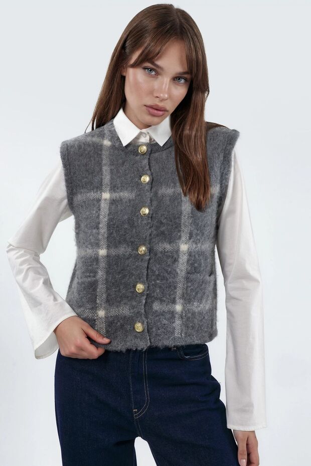 Buttoned Plaid Patterned Round Neck Sweater Vest - 1