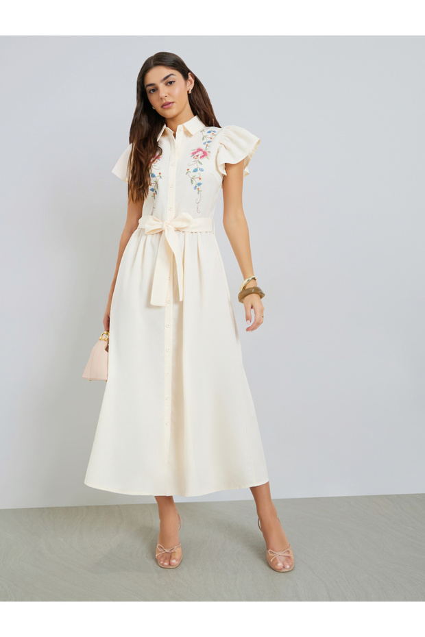 Cream Floral Print Shirt Maxi Dress