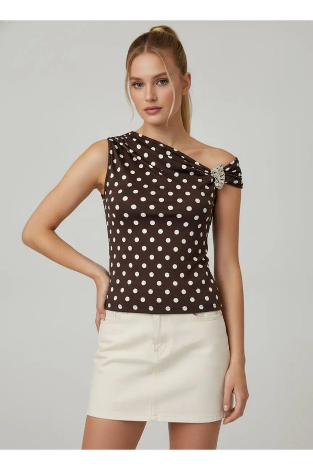 Women's Boat Neck Polka Dot Buckle Detail Design Viscose Blouse 26075