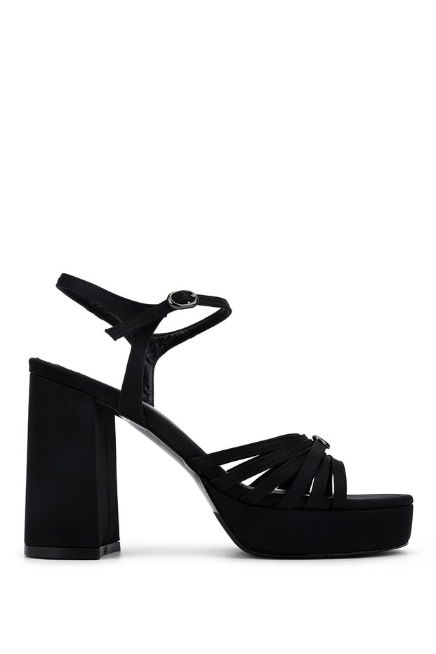 Women's Faux Leather Black Satin Heeled Shoes