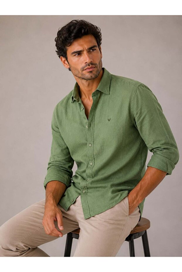 Slim Fit Long Sleeve 100% Linen Breathable Fabric Men's Shirt with Gift Box Fs-004170 - Green