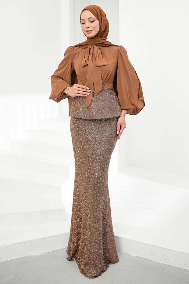 Mink Bead Embellished Skirted Evening Dress Set