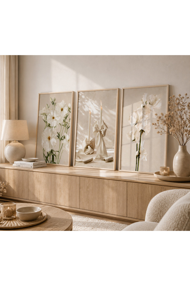 3 Piece Framed Flower & Candle Painting Set Modern Living Room Wall Decor