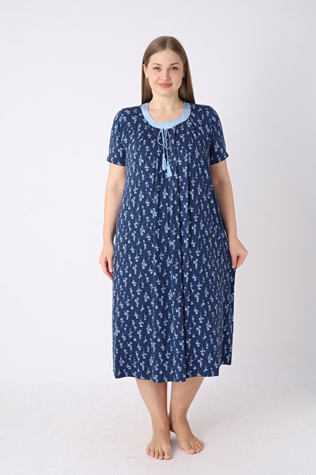 Women's Plus Size Elegant Collar Lace and String Detailed Ring Viscose Short Sleeve Nightgown (Mother's Nightgown)