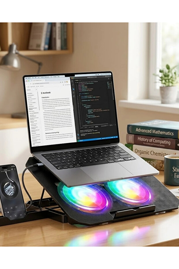 حامل تبريد للكمبيوتر المحمول مزود بإضاءة RGB ومزود بمروحتين