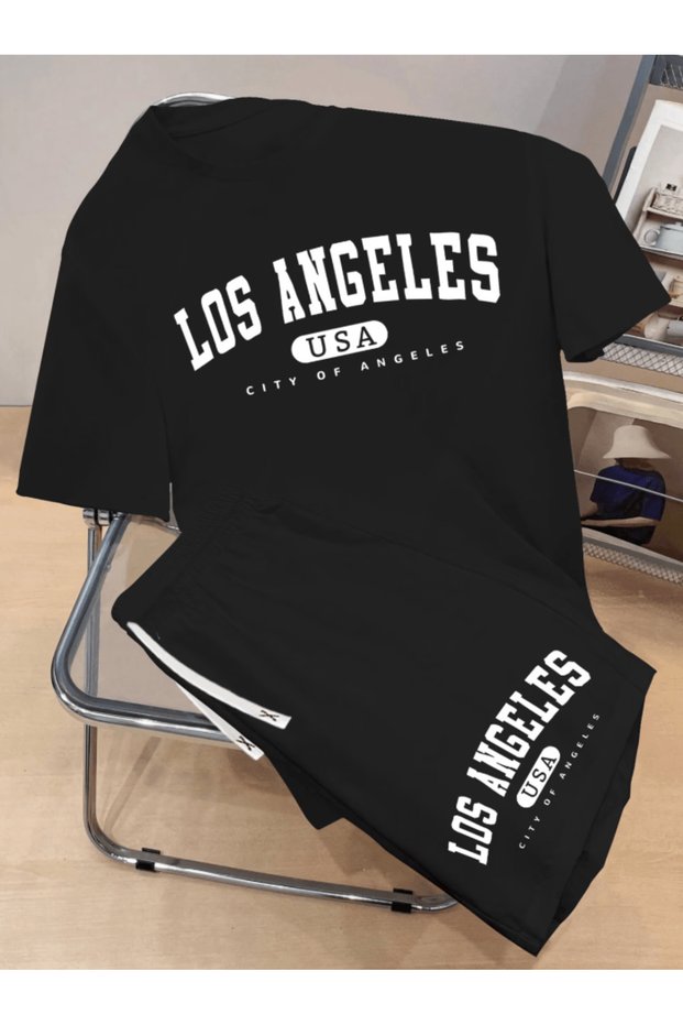 Special Design Los Angeles Printed Men's Premium Oversize Top and Bottom Set T-Shirt and Shorts Set