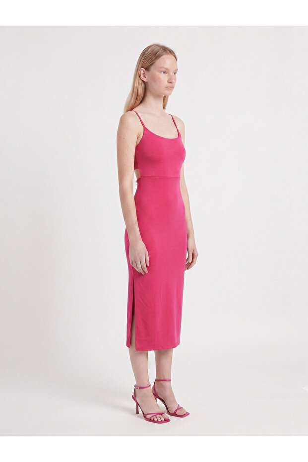 Fuchsia Interlock Adjustable Thin Straps and Waist Window Detail Slit Midi Dress