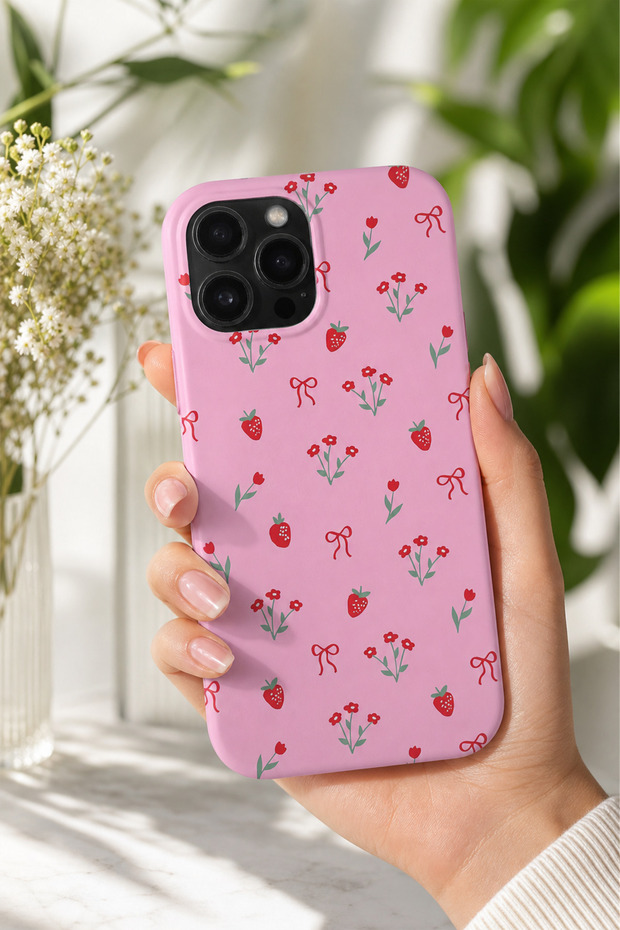 iPhone 15 Pro Max Compatible Launch Silicone Flower and Strawberry Pattern Shock-Absorbing Case Pink