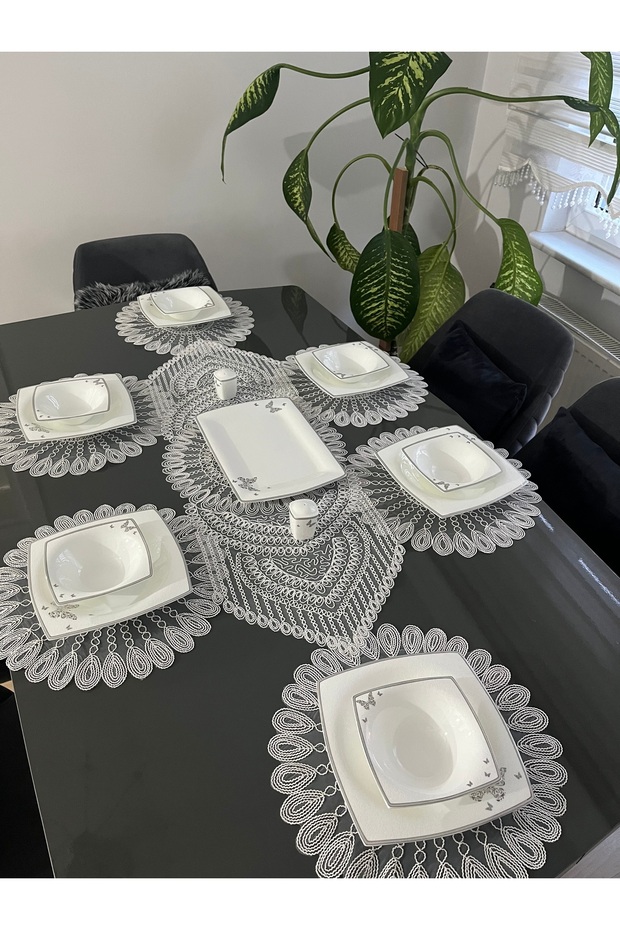 French Lace Luxury Tulle Guipure American Service & Runner Dowry American Set -6 Person, 7 Pieces