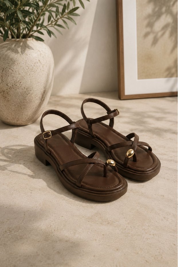 Gold Color Ring Detailed Casual Sporty Stylish Women's Sandals, Brown Casual Women's Sandals