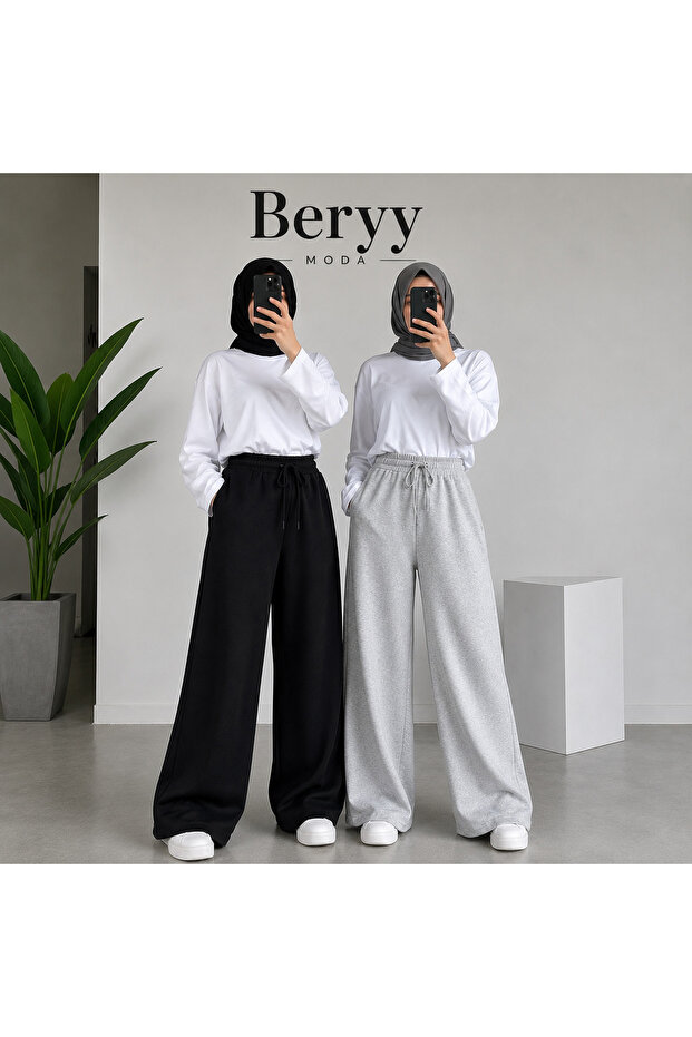 Double Black and Gray Sweatpants - Wide Leg High Waist