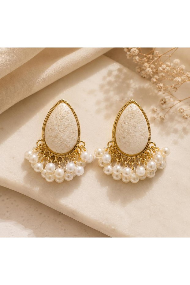 Pearl Drop Women's Earrings | Gold Detailed Cream Stone Elegant Nail Earrings
