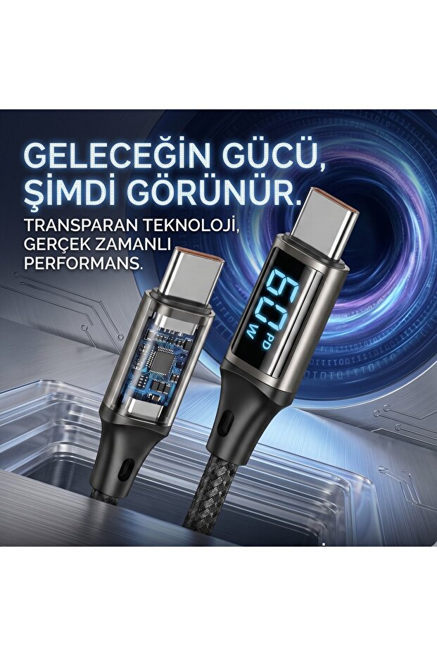 كابل 60 واط من نوع PD Type-C إلى Type-C - كابل بيانات شبكي مع مقياس واط فوري