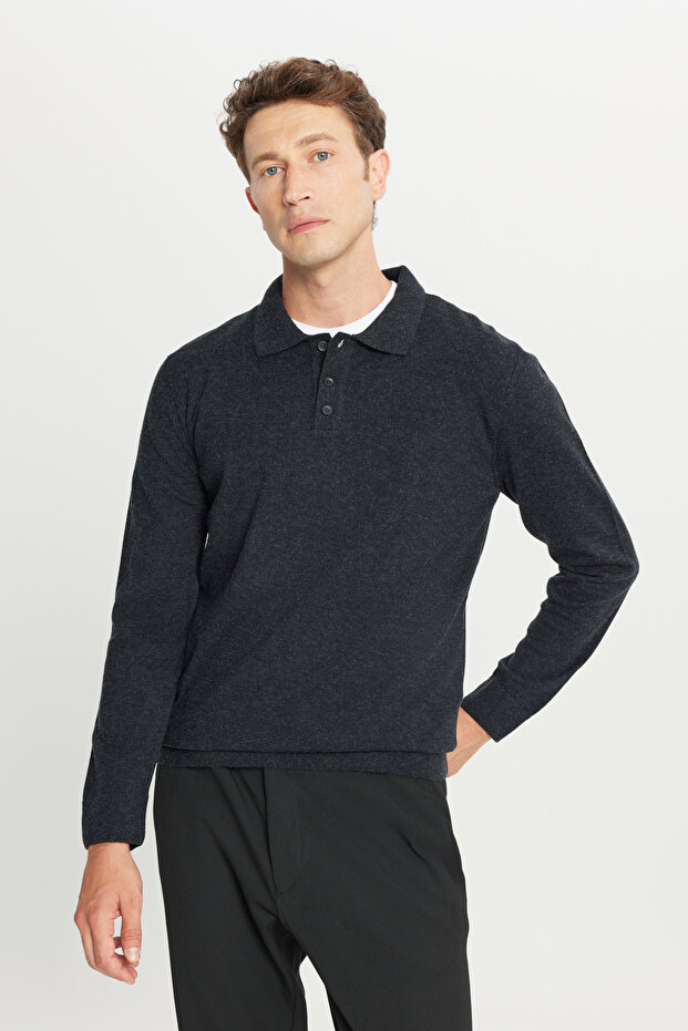 Men's Anthracite-Melange Wool Standard Fit Regular Cut Polo Neck Knitwear Sweater