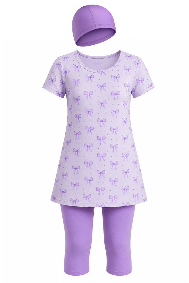 Girl's Patterned Semi-Closed Swimsuit Set 3-Piece Uv Protection Bonnet Top Tights Swimsuit