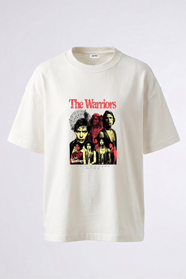 تي شيرت The Warriors Design مطبوع من الخلف مصنوع من القطن باللون الأبيض مقاس كبير