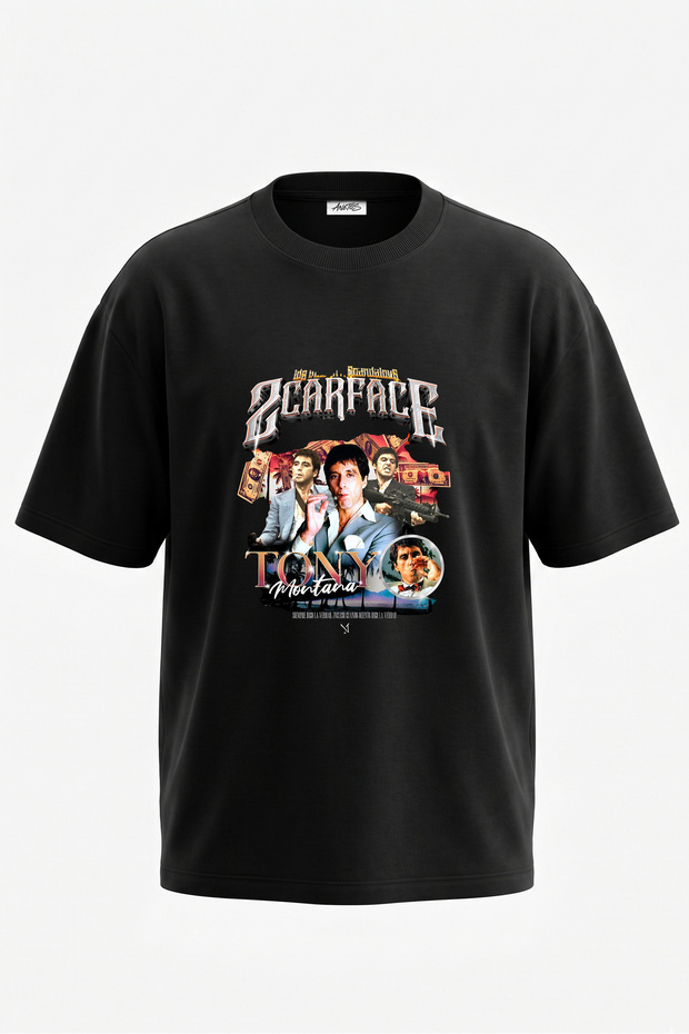 Tony Montana Design Back Printed Cotton Black Oversize T-Shirt