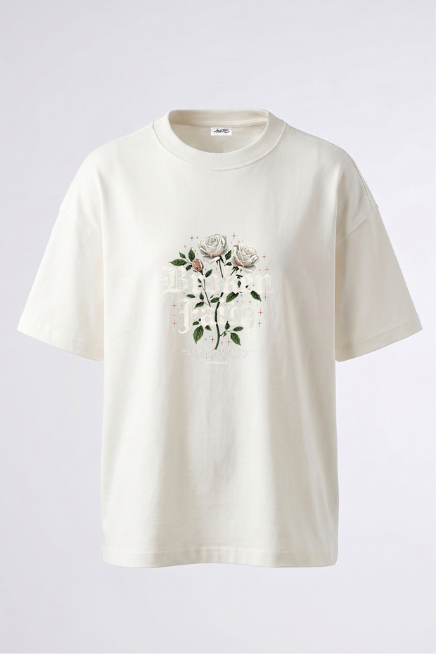 Gothic Rose Design Back Printed Cotton White Oversize T-Shirt