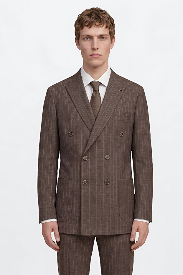 Men's Brown Wool Slim Fit Slim Fit Swallow Collar Striped Double Breasted Suit with Pocket