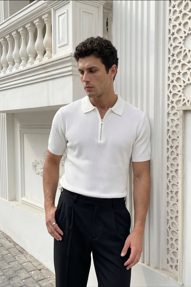 Orin Premium Ribbed Knitwear Polo Collar Half Zipper Men's White T-Shirt