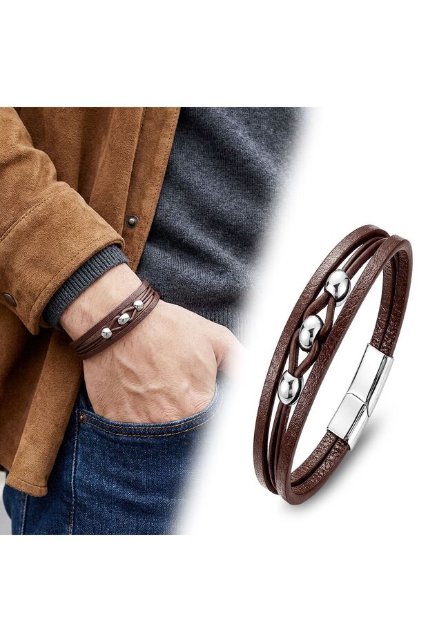 Steel Ball Detailed Brown Leather Men's Bracelet 31684B8D2