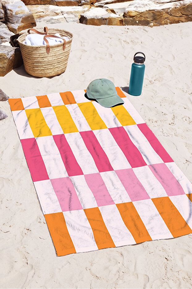 Striped Color Block Modern Beach Towel - Mediterranean Style Pink Orange Quick Drying Microfiber Towel