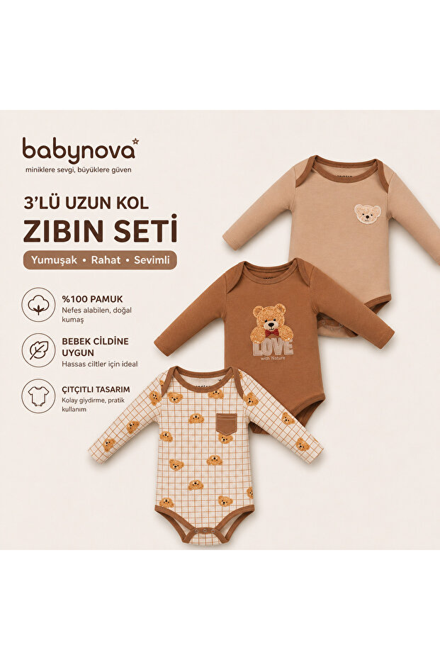 Babynova 3-Piece Long Sleeve Teddy Bear Patterned 100% Cotton Baby Bodysuit Set