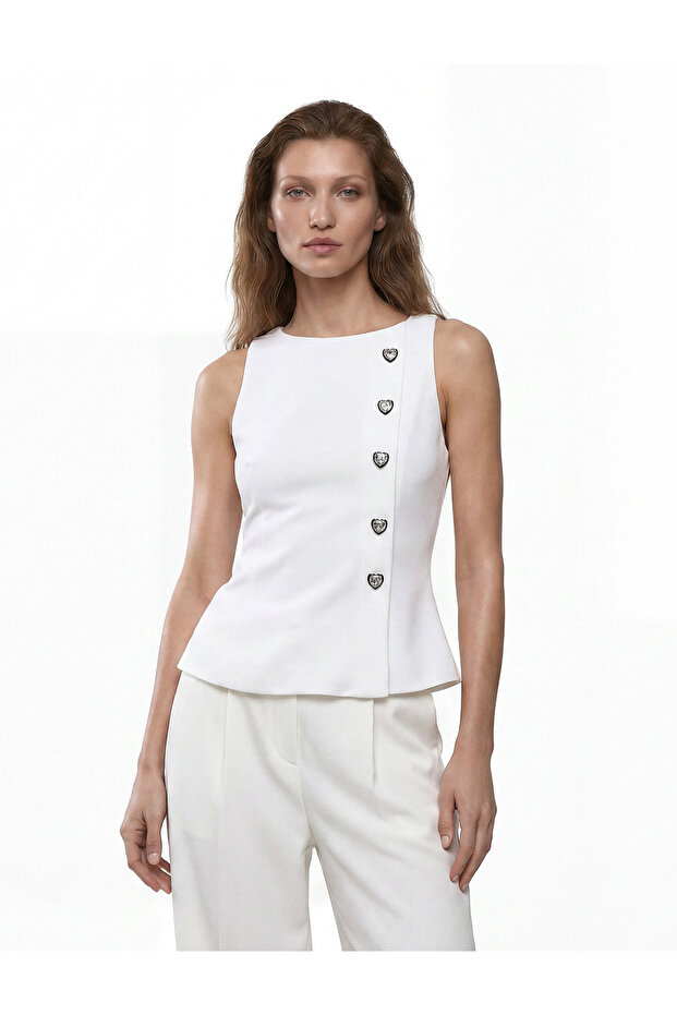 Lightweight Peplum Cut Crew Neck Vest with Heart Button Detail