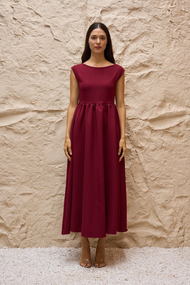 Burgundy Low Neck Long Crepe Dress