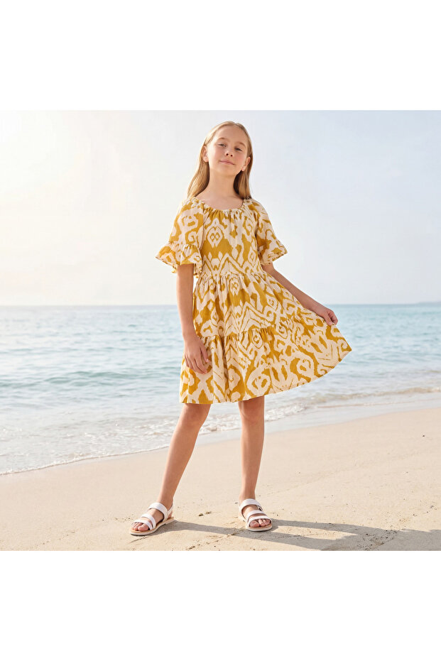 Round Neck Short Ruffle Sleeves Midi A-line Dress with Ikat Print