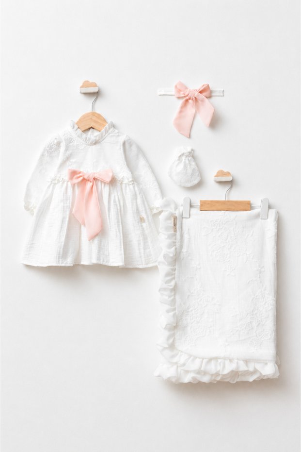 Muslin Lace Detailed Baby Girl Dress Bandana Blanket Set