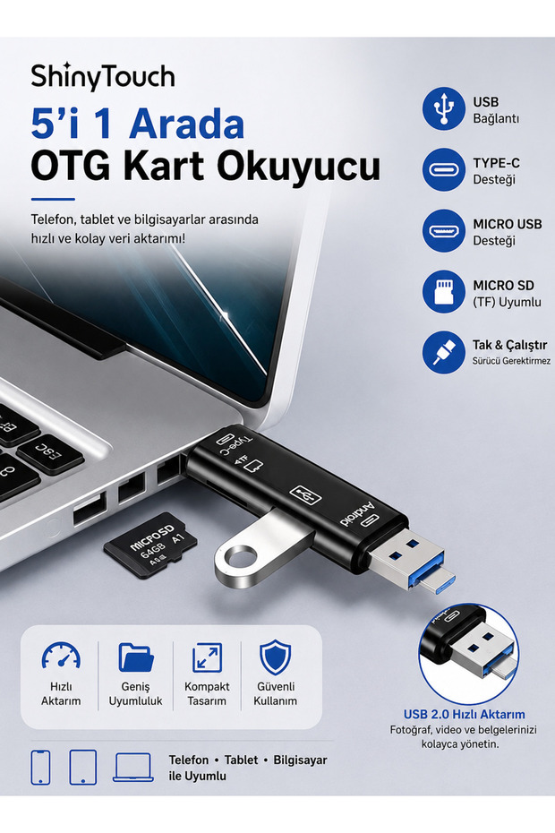 قارئ بطاقات OTG 5 في 1 - USB، Type-C، Micro USB، Micro SD (جميع موديلات أندرويد وآيفون 15 وما فوق) - 1