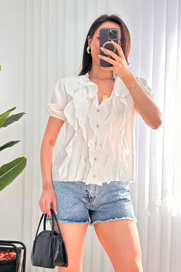 Ruffle Detailed Short Sleeve White Blouse