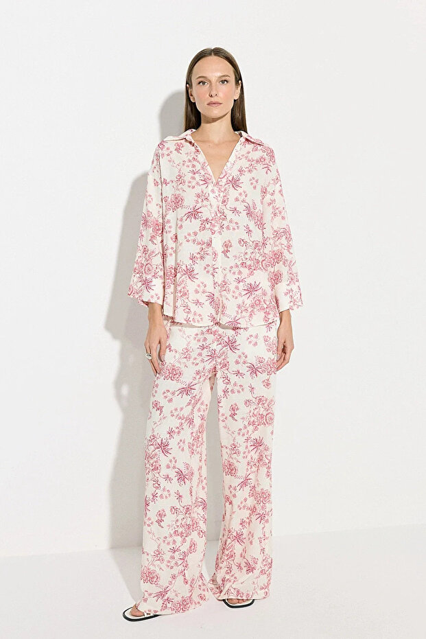 Patterned Relaxed Fit Linen Shirt - Pink