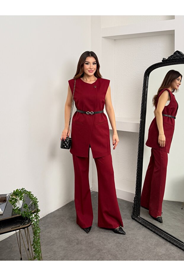 Belt detailed vest trousers double set