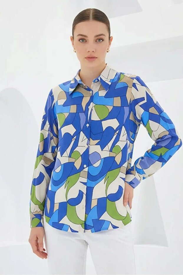Women's Graphic Patterned Viscose Indigo Shirt
