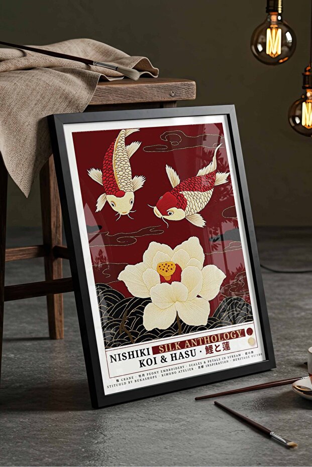 Koi Fish Lotus Flower Painting Red – Nishiki Embroidery Art Poster – Black Framed