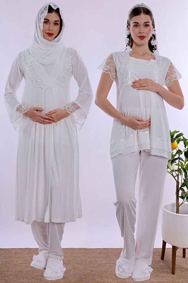 Adjustable Waist Elasticated Maternity Pajama Set with Hijab Effortt - Ecru