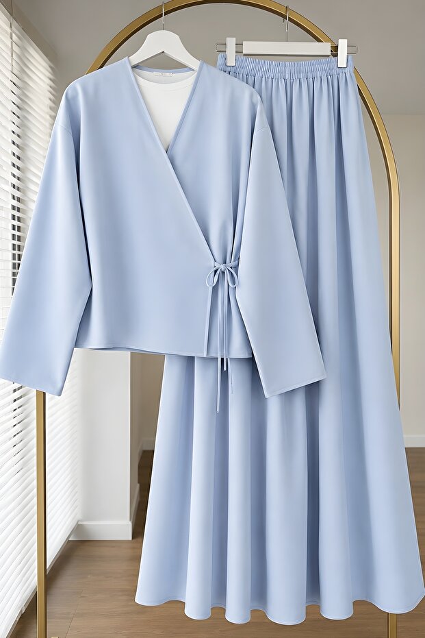 Blue Side-Tie Dabıl Kimono Skirt Set