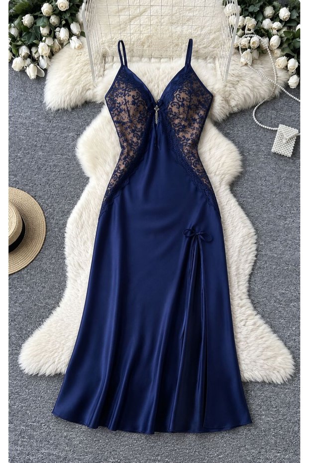 Royal Sapphire Lace Detailed Navy Blue Satin Nightgown – Elegant Homewear Dress with Thin Straps