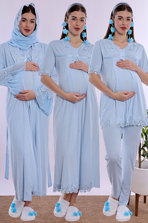 Comfortable Cut and Breastfeeding Feature Maternity Set with Hijab 5 Pieces Effortt - Blue