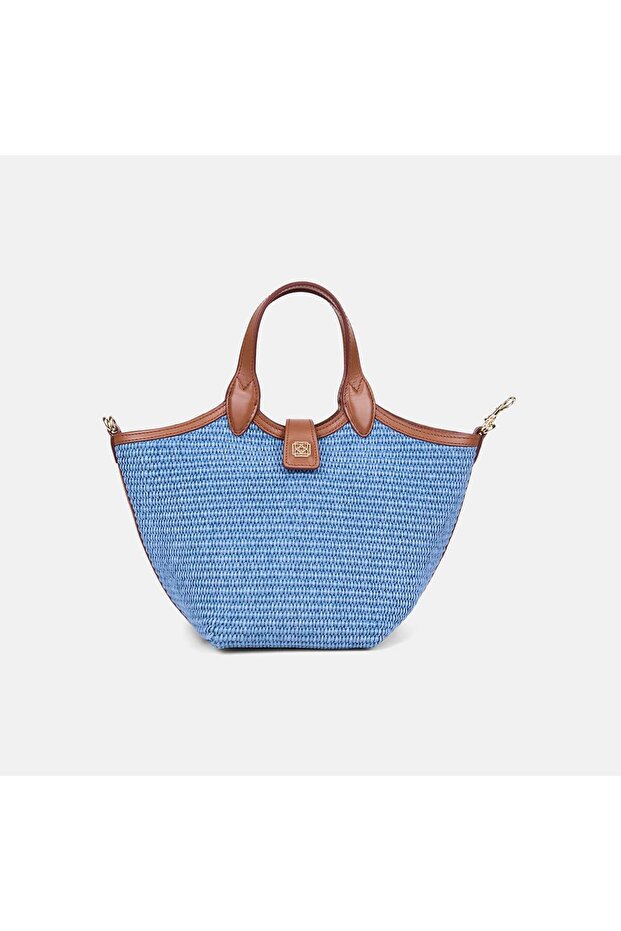 Women's Navy Blue Leather Detailed Straw Handbag