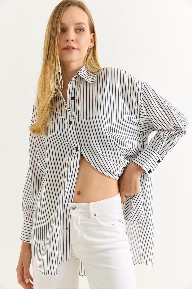 Long Length Striped Black and White Oversize Shirt